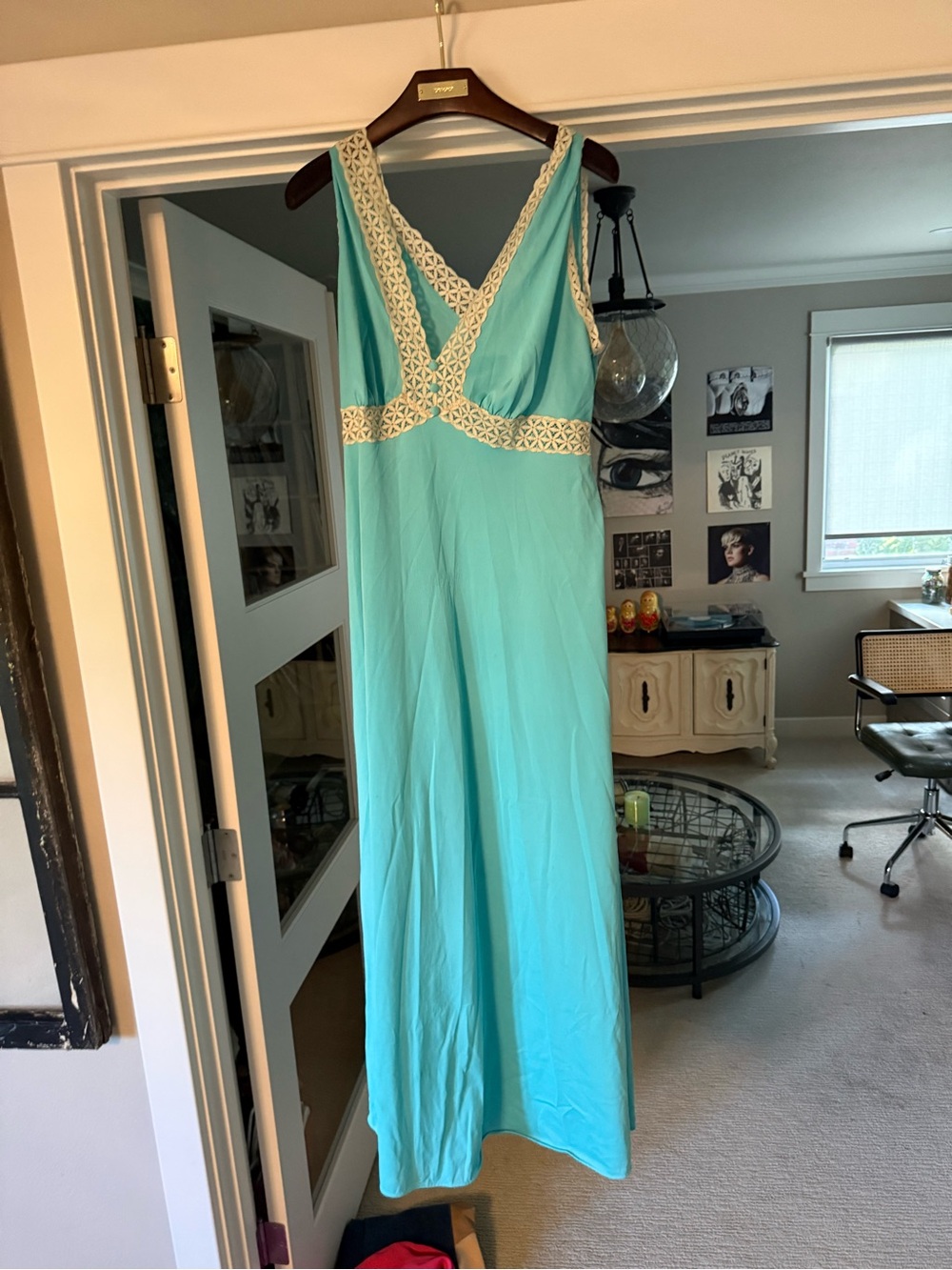 Vintage Aqua Blue Peignoir Set Nightgown & Matching Robe Crochet Lace